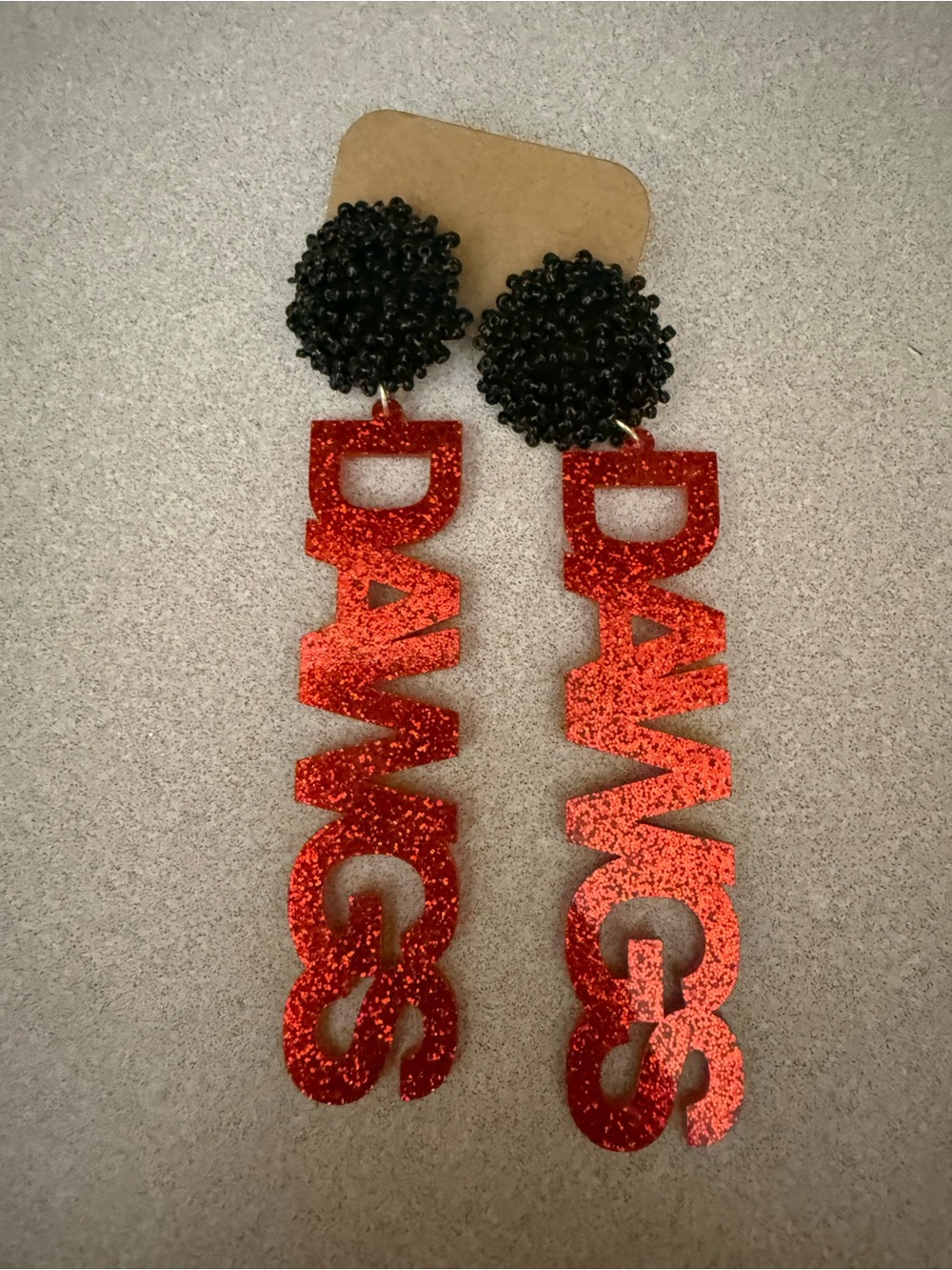 Red 'DAWGS' Glitter Drop Earrings with Black Beaded Studs